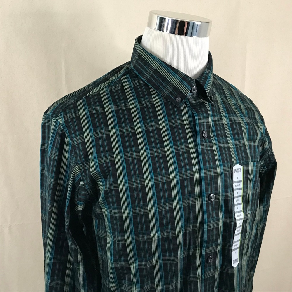 NEW Duluth Trading Medium Relaxed Fit Wrinklefighter Shirt Black Plaid Cotton